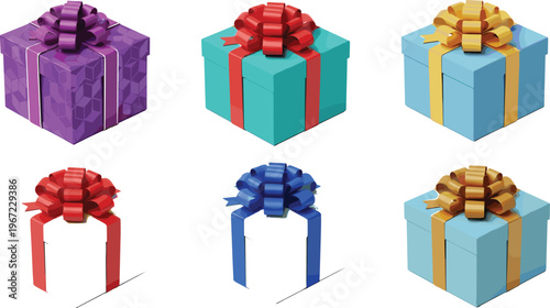 Realistic Gift Box Present Set with Decorative Ribbon Bows, Colorful Birthday and Holiday Package Collection for Celebration and Christmas Vector Illustration