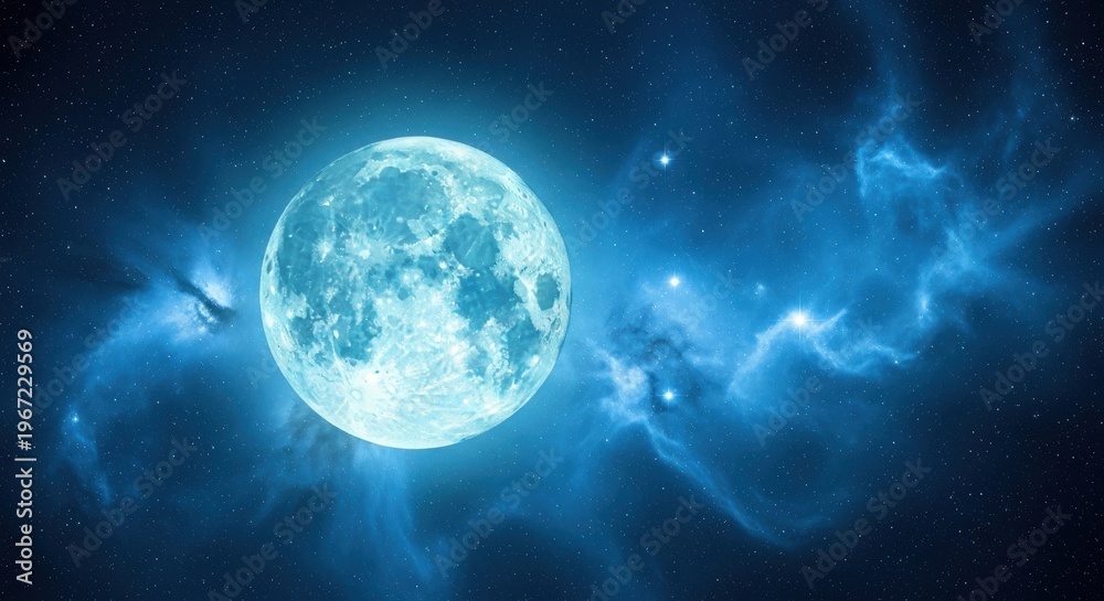 Obraz premium A vivid turquoise full moon illuminating a starry night sky with swirling blue nebulae, evoking a sense of cosmic wonder and serenity.