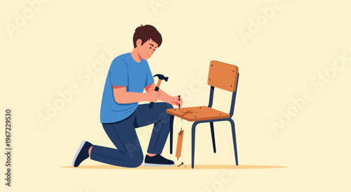 A young man kneels on the floor while using a hammer to repair a broken chair