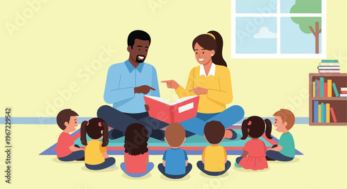 A man and woman reading a book to a diverse group of young children on a rug