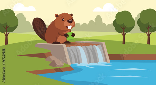 A friendly cartoon beaver holding a green block sitting on a small dam waterfall