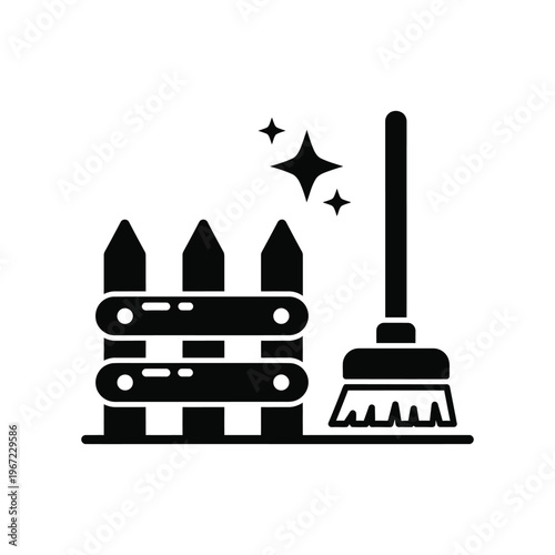 Minimalist black icon of a wooden picket fence being cleaned with a broom and shining sparkles, representing professional home maintenance and outdoor yard care services.