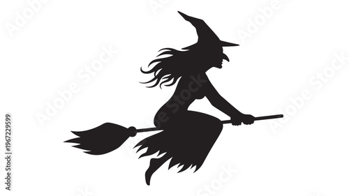 Silhouette of a witch with flowing hair and a pointed hat flying on a broomstick with a tattered dress on a white background.