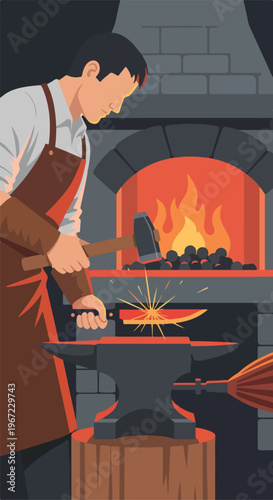 A blacksmith hammering a glowing metal blade on an anvil in a workshop furnace