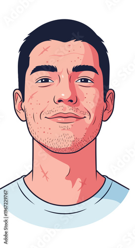 A vector illustration of a young man with facial acne and scars, smiling softly