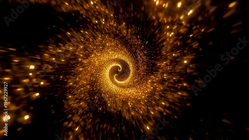 Golden spiral of glowing particles swirling in dark space with dynamic motion and radiant light creating mesmerizing abstract energy visual effect