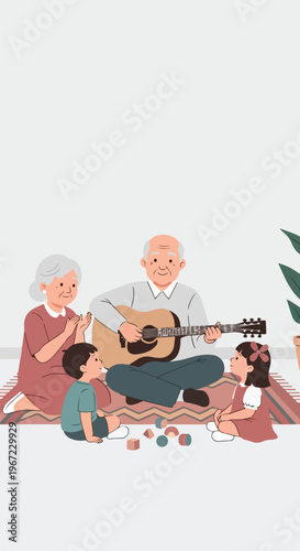 An elderly couple playing guitar and singing for their two young grandchildren