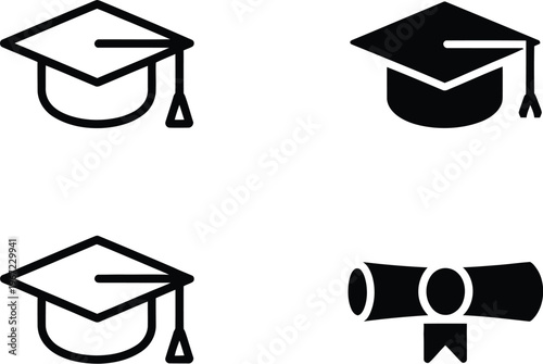 Graduation cap and diploma icons vector, minimalist black and white education symbols representing academic achievement commencement ceremony and student success.