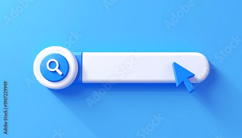 3D search bar with magnifying glass icon and mouse cursor on blue background