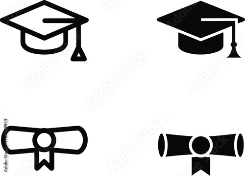 Graduation cap and diploma icons vector, minimalist black and white education symbols representing academic achievement commencement ceremony and student success.