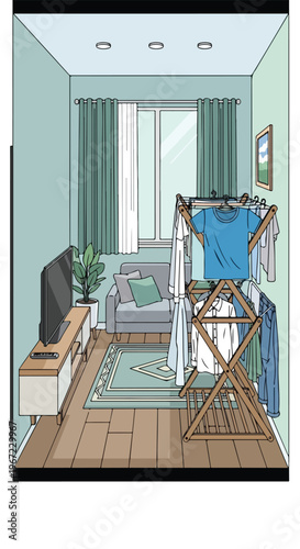 A small cozy living room interior featuring a wooden drying rack with clothes