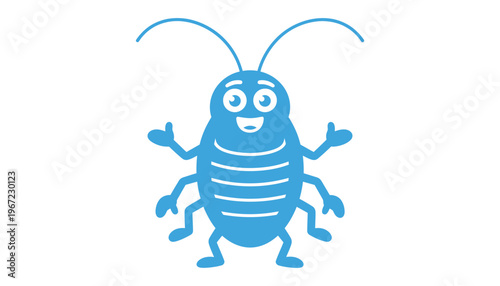 A blue cartoon cockroach illustration with a happy face and antennae