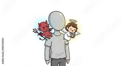 Man with angel and devil on shoulders, cartoon illustration, symbolizing inner conflict