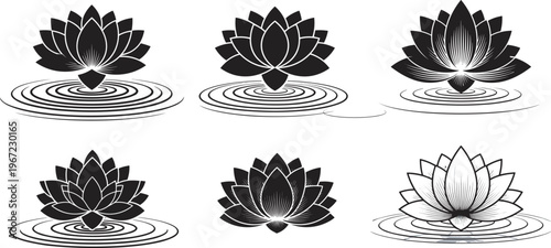 Black lotus flower icons set with water ripples representing zen meditation yoga wellness and spa concepts flat vector illustration isolated