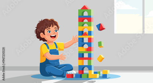 A happy child playing with a tall tower made of colorful plastic building blocks