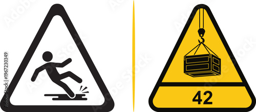 Vector safety signs featuring a black "slippery floor" caution triangle and a yellow warning sign for overhead crane loads, including a numbered "42" identifier for site-specific safety protocols.