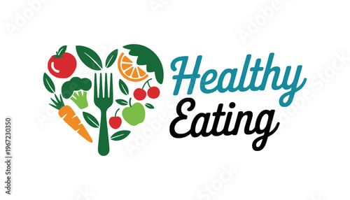 Healthy eating logo with colorful fruits and vegetables illustration