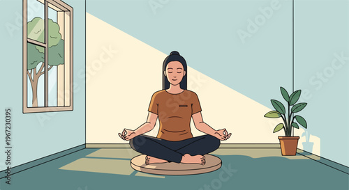 A woman sitting in a lotus position on a mat inside a sunny minimalist room