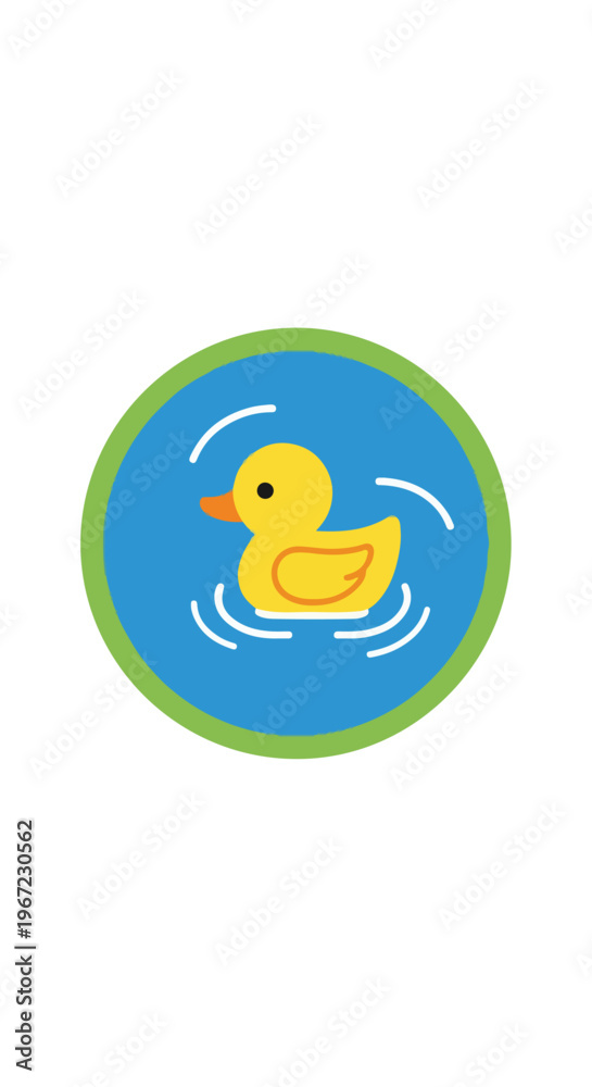 Fototapeta premium A small yellow rubber duck floats inside a circular blue icon with green border