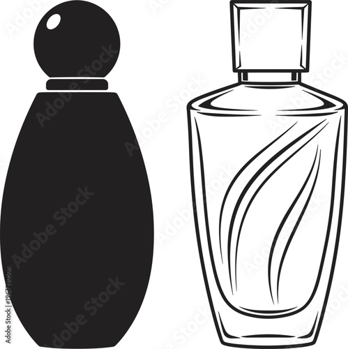 Black perfume bottle silhouette and line art illustration representing luxury fragrance and beauty product packaging concepts flat vector isolated icons