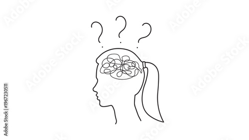 Profile silhouette of a woman's head with a tangled mind and question marks symbolizing confusion and uncertainty.