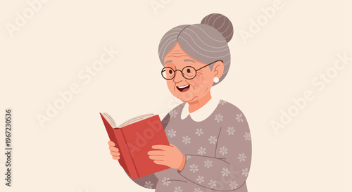 An elderly woman with grey hair in a bun wearing floral clothing reads a book