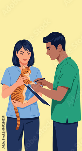 Two veterinarians in scrubs examining a cute tabby cat on a yellow background