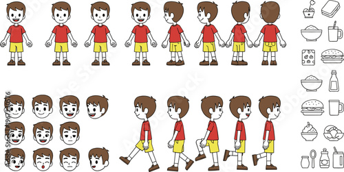 Cartoon boy character vector animation set with different poses, walking cycle, facial expressions, and food icons collection