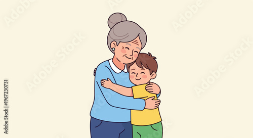 A kind elderly woman and a small young boy share a warm, affectionate hug together