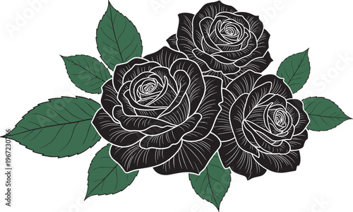 Black rose flower bouquet with dark green leaves representing gothic romance and elegance flat vector illustration isolated on white background
