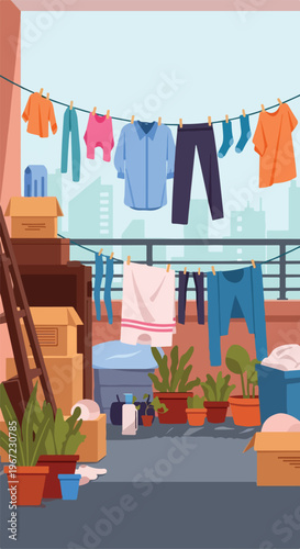 A balcony filled with potted plants, cardboard boxes, and clothes on a line