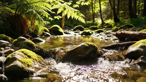 A serene forest stream flows gently over mossy rocks and boulders, surrounded by lush greenery and ferns, with sunlight filtering through trees