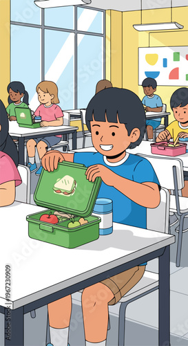 A happy young boy opening his green lunch box inside a bright school classroom