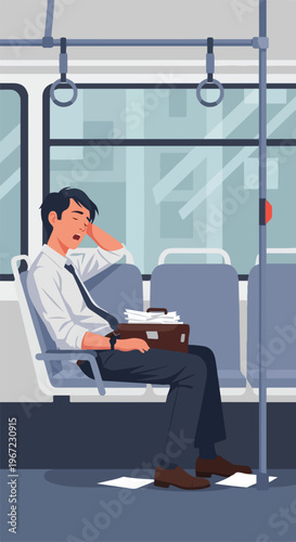 Exhausted businessman sleeping on a train with a briefcase full of documents