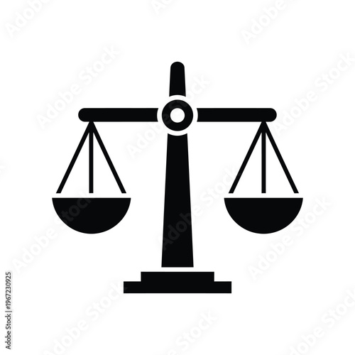 Minimalist black scales of justice icon representing legal system, judicial balance, and equality for law firm branding and court services.