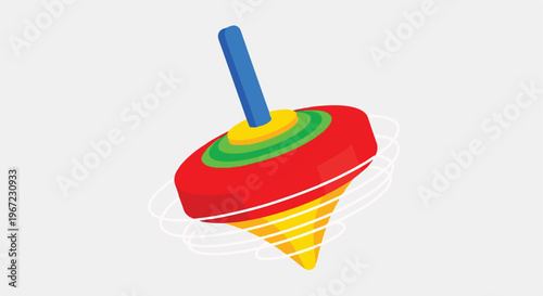 A colorful spinning toy top with a conical base rotating on a grey background