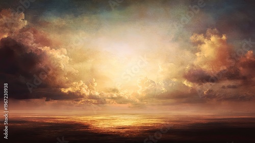 dramatic sunset over ocean with cloudy sky