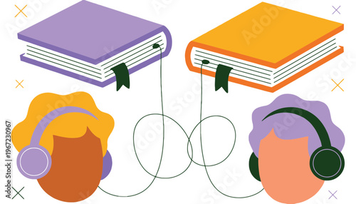 Book audiobook illustration with people wearing headphones listening