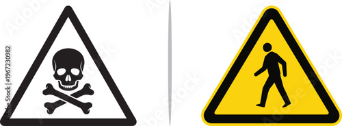Vector safety signs featuring a black skull and crossbones "poison" warning and a yellow "pedestrian" caution triangle. Ideal for hazardous material alerts and traffic safety themes.