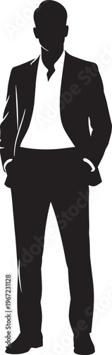 Black silhouette of a confident businessman wearing a suit and standing with hands in pockets flat vector illustration isolated