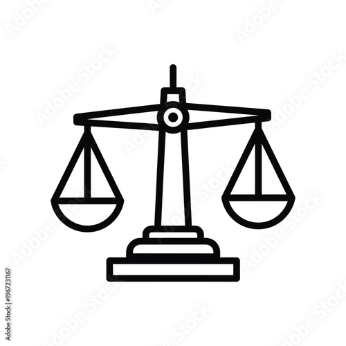Minimalist black line icon of the scales of justice representing law, legal system, and judicial balance on a white background for professional legal services and court concepts.
