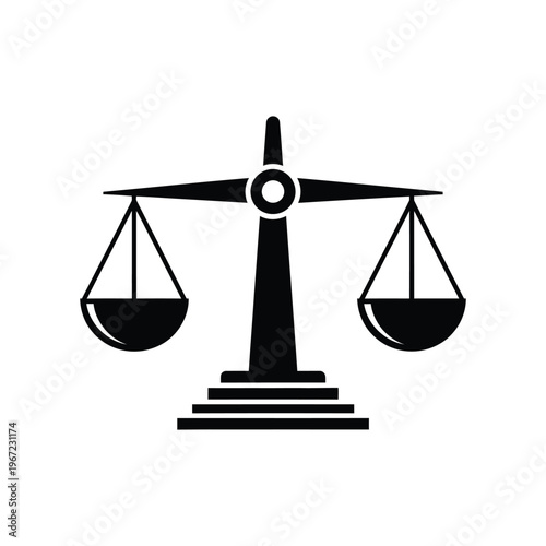 Minimalist black silhouette of a justice scale icon isolated on a white background, representing legal balance, judicial system, and equality for law firms and court concepts.