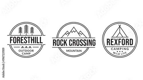 Logos set with campsite, mountains and forest elements for outdoor adventures and camping brands featuring logo, adventure, nature with trees and