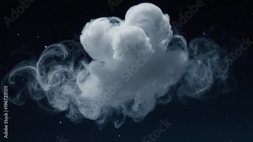 A large, puffy cloud of smoke or fog against a dark night sky with stars, suggesting a mysterious or ominous atmosphere, possibly used for a background or special effect