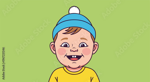 A cartoon illustration of a smiling baby wearing a blue hat with a white pompom