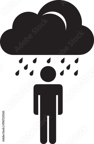 Black silhouette of a person standing under a rain cloud representing depression sadness and mental health flat vector illustration isolated