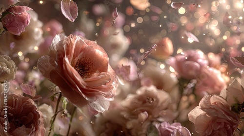 Pink roses in bloom with petals and sparkles