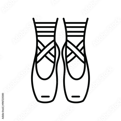 Minimalist black line art icon of ballet pointe shoes with ribbons for classical dance studio branding and performance posters