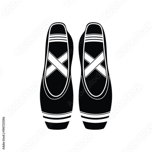 Elegant pair of black and white ballet pointe shoes icon for dance studio branding, classical performance posters, and artistic ballet-themed graphic design