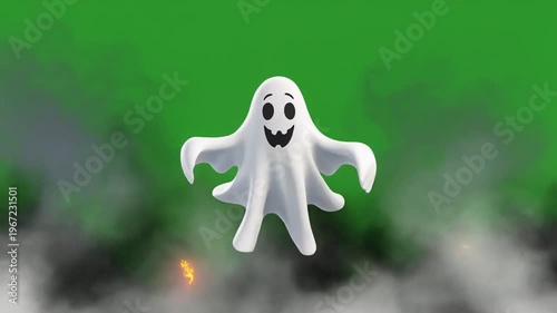 A white ghost with a smiling face floats in front of a green background with fog and trees